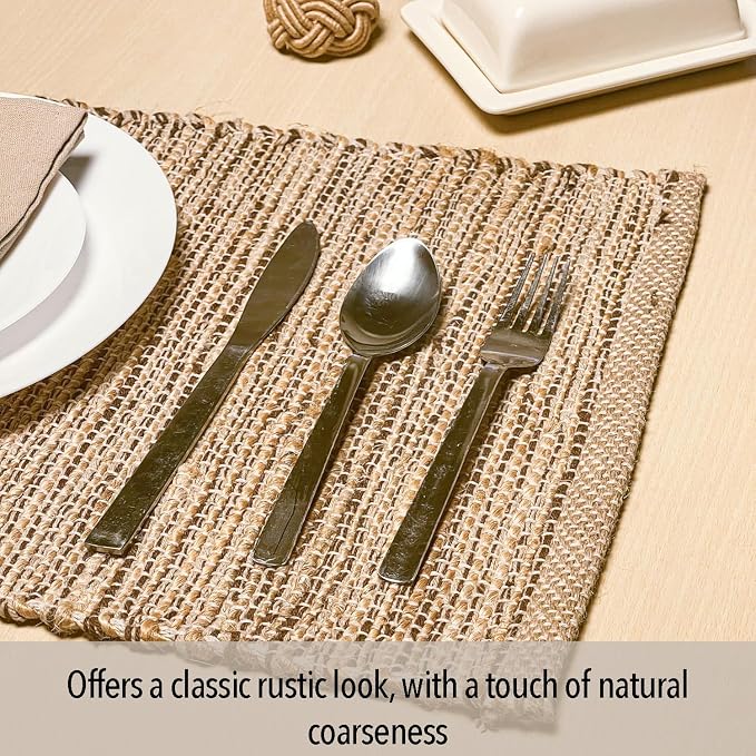 Natural Jute & Brown Placemats, Set of 4 – Rustic Handmade Boho Table Mats, 13x19 Inch Dining Table Placemats for Kitchen, Everyday Meals, Holidays, Farmhouse or Modern Table Décor