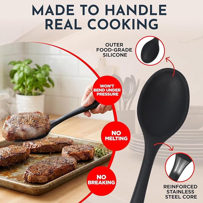 25 PCs Silicone Cooking Utensils Set - Non-Stick Silicone Kitchen Utensils | Black Non-Stick, Heat-Resistant Silicone Kitchen Utensils Set with Stainless Steel Inner Core