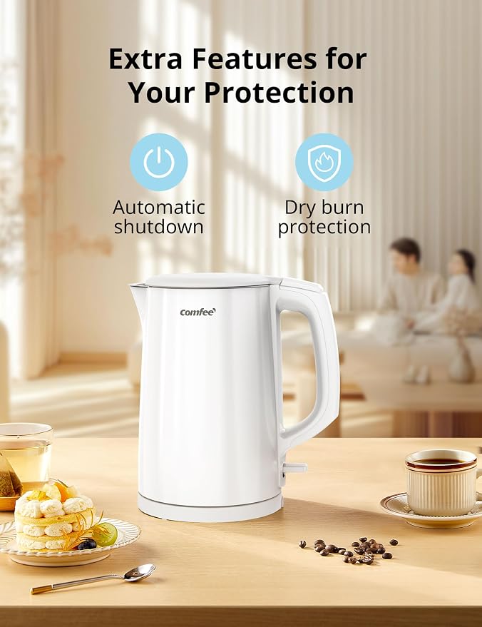COMFEE' Stainless Steel Double Wall Electric Kettle 1.5L, White