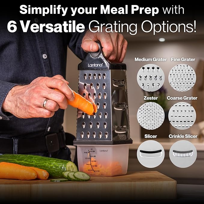 Cheese Grater with Container, Handheld Shredder, Zester (6 in 1) | 6 grating functions, coarse, medium, fine, micro, slicer blades, non-slip base, fitted measuring container with lid