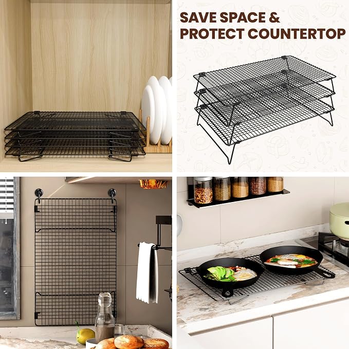 Cooling Racks for Cooking and Baking, 3-Tier Stackable 17x11 Inch | Cookie Cooling Rack for Baking, Wire Baking Rack for Cookies, Cakes and Bread, Tiered Design for Countertop Space Saving