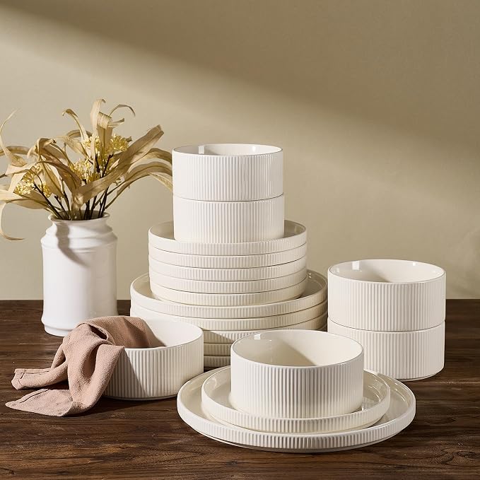 Line Porcelain Dinnerware Set, dish set for 6, Creamy White | Premium dinnerware set, chip-resistant & durable. Safe for dishwasher, microwave, oven. For daily meals to festive feasts