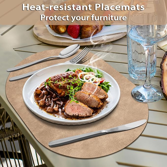 ADRIMER Placemats, Heat Resistant Oval Placemats Set of 8 Washable 12 x 17 Inch, Waterproof Table Placemats Set of 8, Wipeable Faux Leather Placemats for Kitchen, Dining Room, Apricot