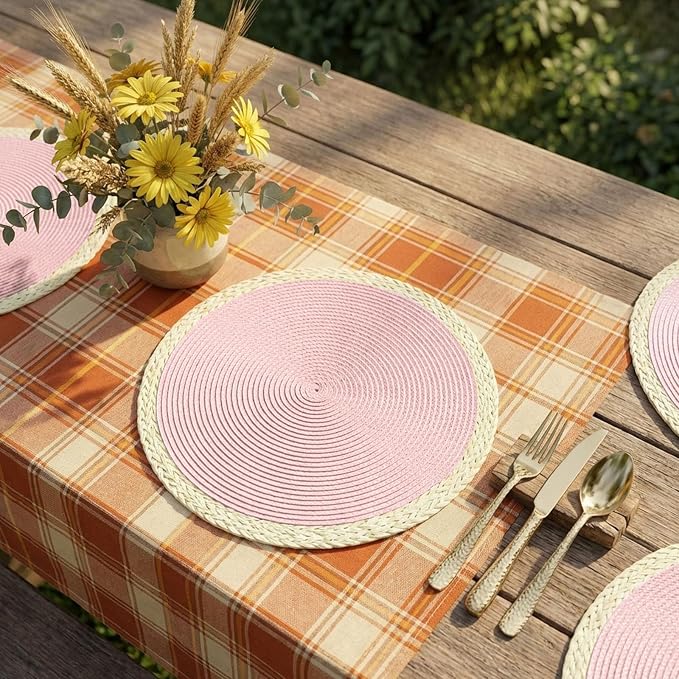 Round Placemats Set of 8, Woven Table Mats, Mint Pink | Braided Paper Edge, 15 Inch Diameter, Fits Dinner Plate and Flatware, Wipeable, Heat Resistant, Indoor Dining, Outdoor Patio