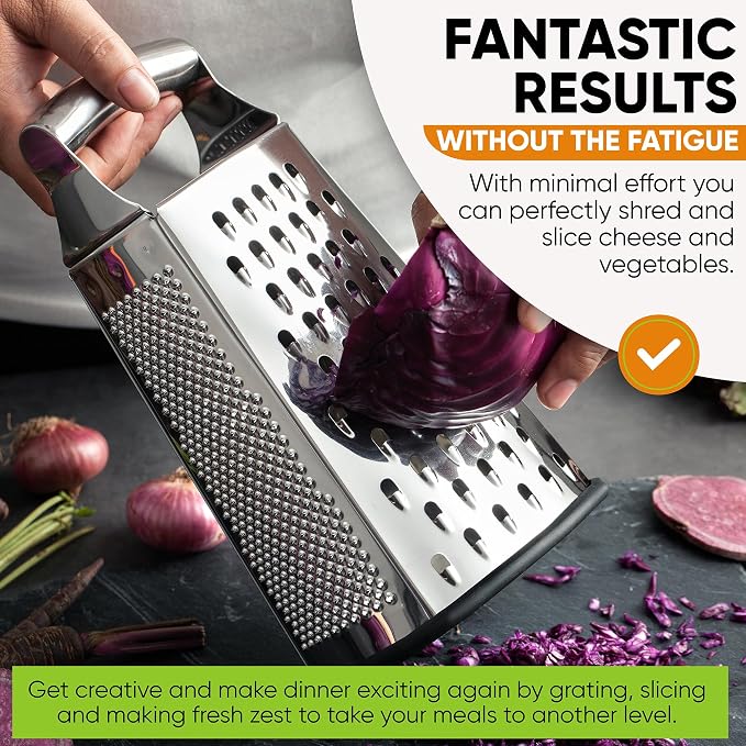 Spring Chef Stainless Steel Cheese Grater, Large Box Grater for Kitchen | 4 Sided Handheld Vegetable Shredder, Kitchen Food Grater for Cheese, Potato, Carrot, Ginger, Veggie, Dishwasher Safe