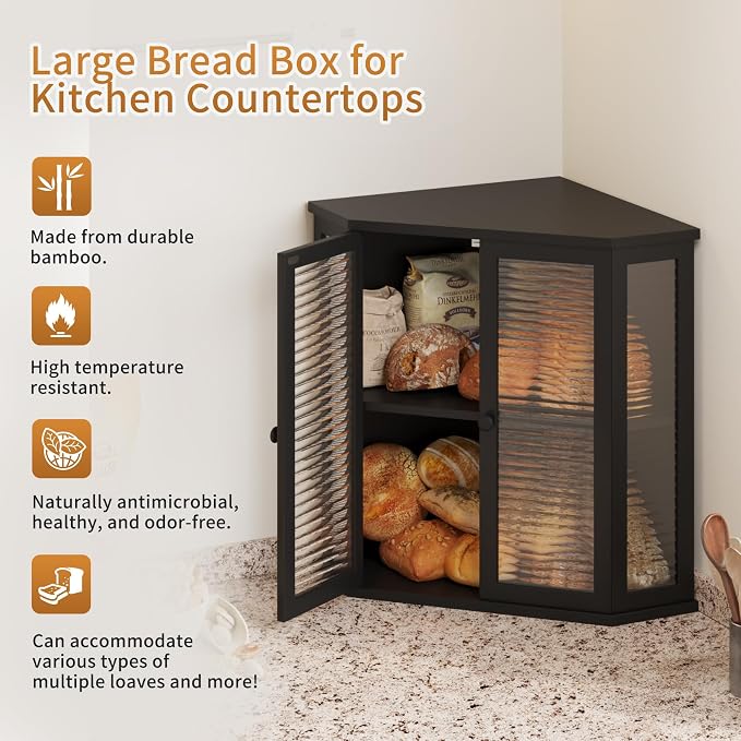 Corner Bread Box for Kitchen Counter, Black Bamboo Bread Box with Real Glass Door, Double Layer Space Saving Bread Storage for Homemade Bread