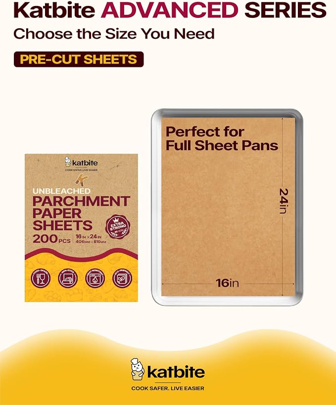 Katbite 200 Pcs Parchment Paper Baking Sheets, 16x24 Inch, Heavy Duty | Unbleached precut Non-Stick full sheet paper, ideal for ovens, cooking, grilling and air fryers