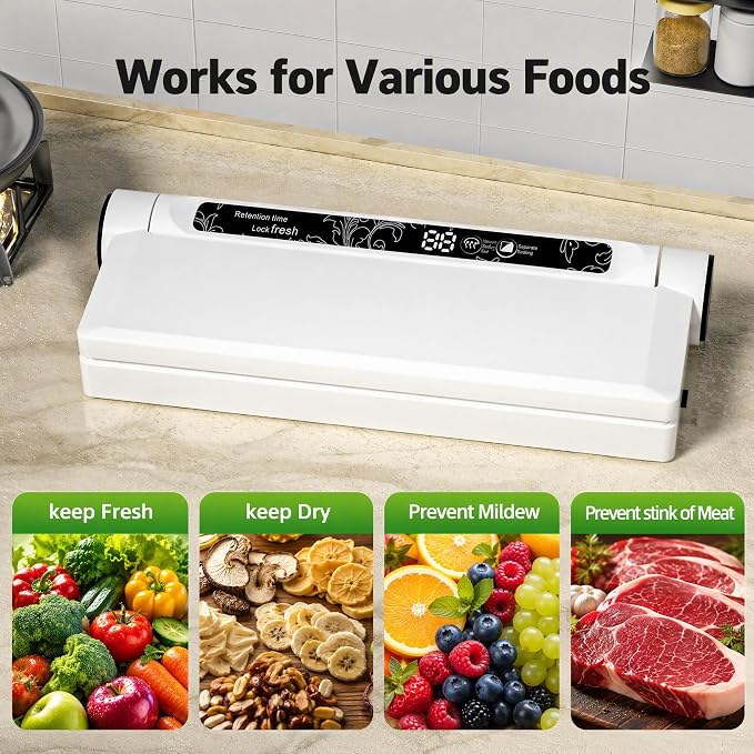 Compact Vacuum Sealer for Food, 75Kpa Food Sealer Machine | 75 Kpa Strong Suction, LED Display, Dual Use for Dry & Wet Foods, with 20 Bags, Ideal for Home Kitchen, White