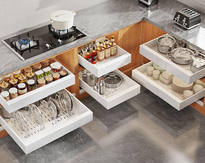 Seinloes 6 Pack Expandable Pull Out Cabinet Organizer 21"Deep With Raising Pad for Framed Cabinets,Slide Out Drawers With 4pcs Divider Racks,No Drill Roll Out Shelf,Adjustable Width 12.05"-20.4"White