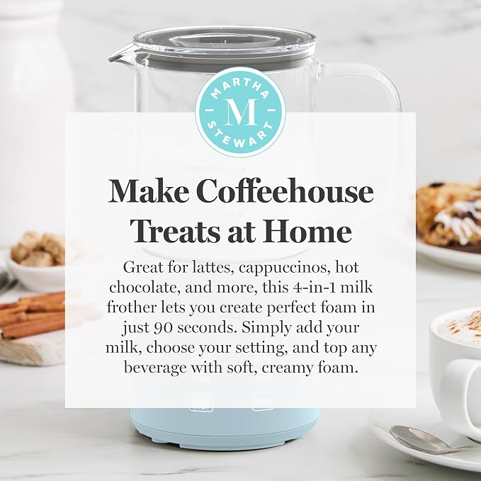 Martha Stewart 10oz Milk Frother & Steamer, 4 Presets, 300ml Glass Pitcher | Light, Dense, Cold Foam & Hot Chocolate, Ready in 90 Seconds, Cordless Pouring, Runs Quiet, Almond, Soy & Oat Milk, Sky Blue