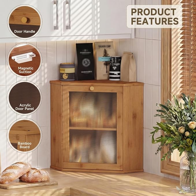 Bread Box for Kitchen Corner Countertop,Large Bread Basket (Brown, X-Large) | Double Layer Bamboo Bread Storage Container for Kitchen Countertop,Height Adjustable