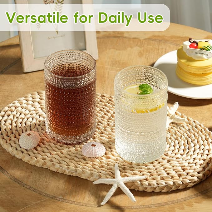 Moretoes 12 Oz Hobnail Drinking Glasses Set of 12 | Clear Highball Glasses Cups Vintage Kitchen Bar Tumbler Glassware Set for Whiskey, Beer, Juice, Milk and Various Mixed Drinks