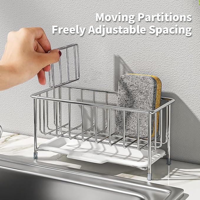 Kitchen Sink Sponge Holder, 304 Stainless Steel | Soap Dispenser Caddy Organize, Kitchen Sink Brush Caddy Holder with Removable Drain Tray