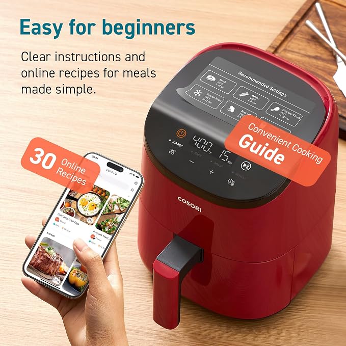 Cosori Lite 2.1 Qt Small Air Fryer, Ceramic Coating, 4-in-1, 97% less oil | Ideal for dorms, apartment, RVs, Quiet, Touch control, Air Fry, Bake, Roast, Reheat, Dishwasher-Safe Basket, Max 400℉