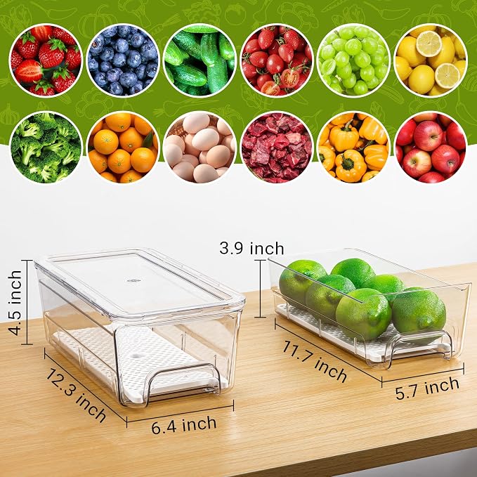 Imncya 3 Pack Fridge Organizer Bins, Refrigerator Organizers and Storage | Stackable Pull-Out, Refrigerator Drawers with Lids, Clear Design with Drain Tray, Fruits Vegetables Snack Storage Containers