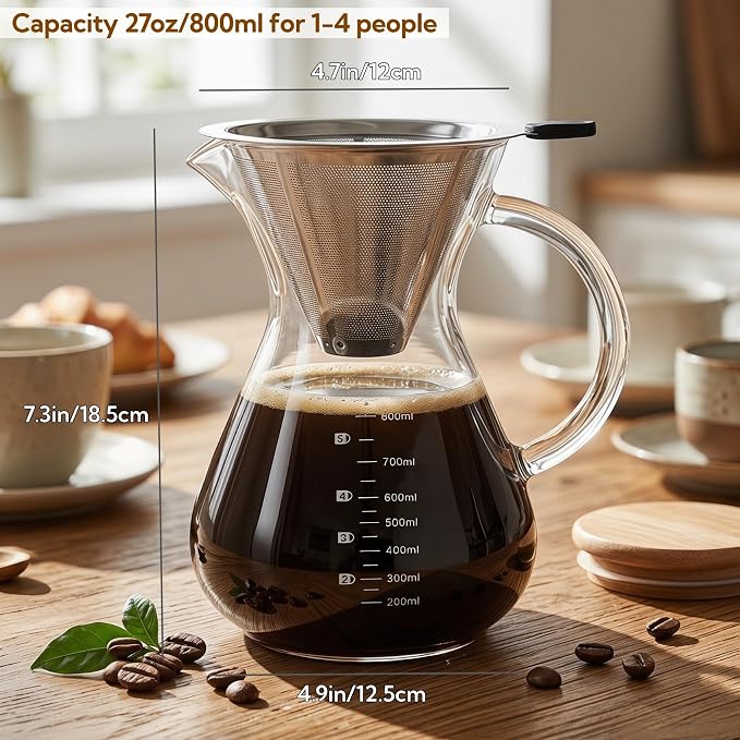 Pour Over Coffee Maker Set with Reusable Stainless Filter 27 fl oz, Heat-Resistant Borosilicate Glass Paperless Pour Over Coffee Dripper with coaster for Home Daily coffee