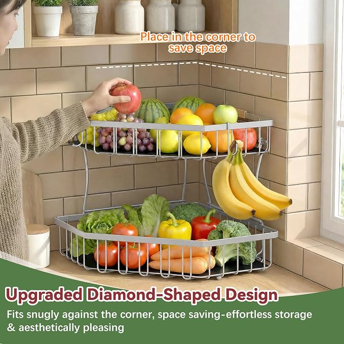 2 Tier Fruit Basket for Kitchen Counter with 2 Banana Hangers for Corner | Detachable Metal Fruit Bowl with Wooden Handle, Large Capacity Fruit Stand for Bread Fruit and Vegetable Storage, Silver