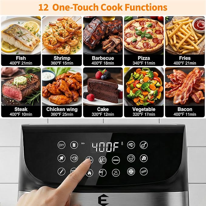 9.5Qt Large Air Fryer Oven, 12 Digital Preset Airfryer Toaster Oven Combo with Touchscreen, Non Toxic Stainless Steel Air Fryer with Viewing Window, XL Capacity Basket Style Airfryer for Family, Black