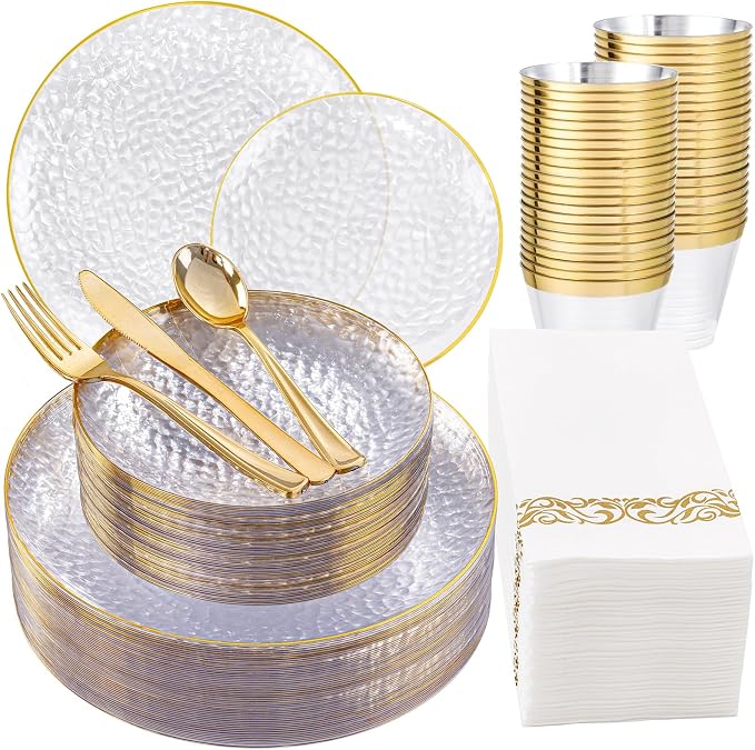DaYammi 175PCS Clear Gold Plastic Dinnerware Set, Plastic Plates Disposable Hammered Disposable Plates for Party, Include: 25 Dinner Plates 25 Dessert Plates 75 Gold Silverware 25 Napkins 25 Cups