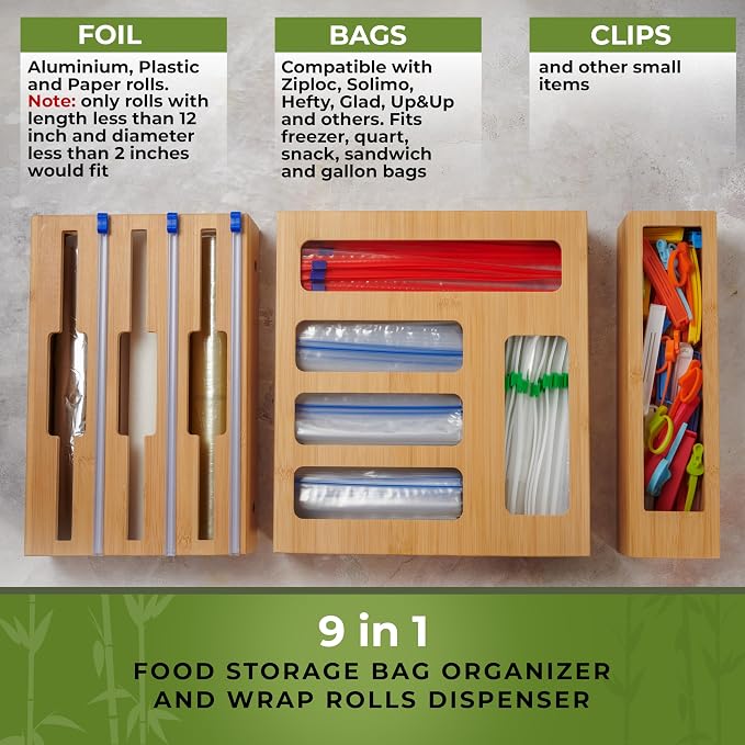 Kitchen Drawer Organizer, 9" 1 Sandwich Storage Bag Organizer & Foil Wrap | Bamboo Storage, Fits Gallon, Quart & Snack Sizes – Wall Mountable, Please Measure Before Ordering