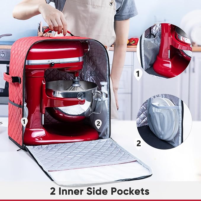 BAGSPRITE Stand Mixer Cover with Appliance Sliders Base Compatible with KitchenAid Mixer-Storage Bag for 6/7/8 Quart with Pockets for Kitchen Aid Accessories and Attachments