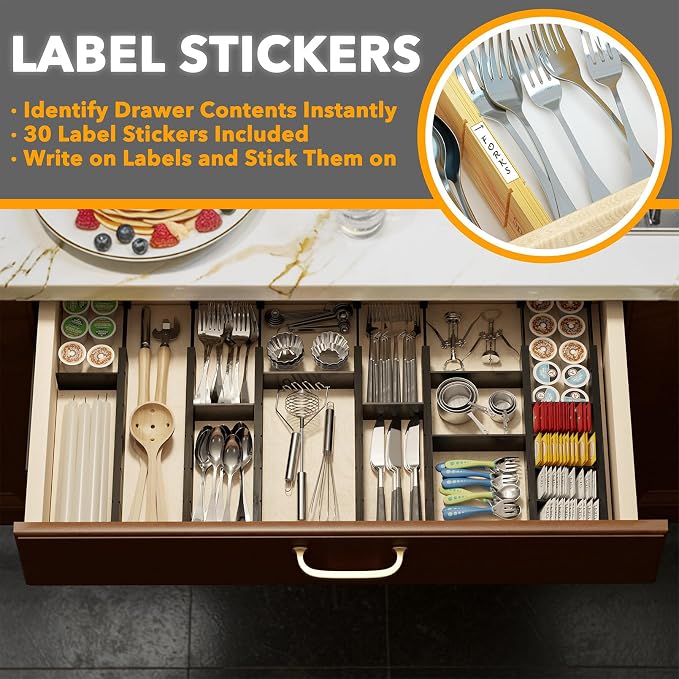 SpaceAid Bamboo Drawer Dividers with Inserts and Labels, Kitchen Adjustable Drawer Organizers, Expandable Organization for Home, Office, Dressers, 7 Dividers with 15 Inserts (17"-22" Black)