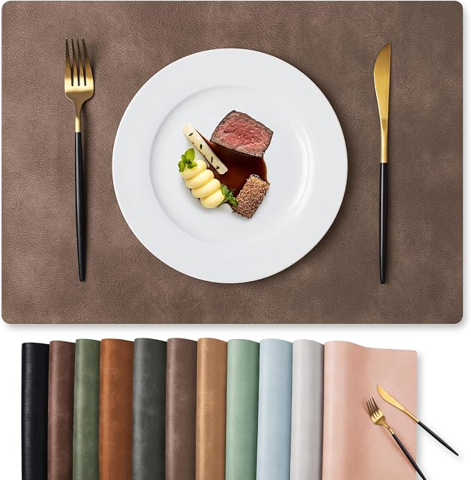 MOSAYT Vinyl Placemats Set of 4-12 X 17 Inch - Faux Leather 100% Waterproof Oil-Proof Wipeable PU Place Mats, Heat Resistant Reversible Table Mats for Kitchen, Dining, Outdoor, Brown