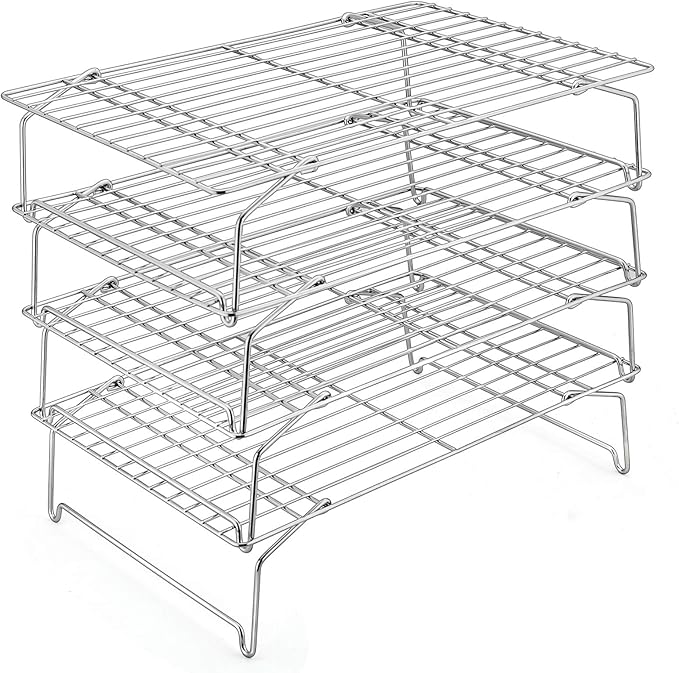 P&P CHEF 4-Tier Cooling Rack Set, Stainless Steel Stackable 15" x 10" Rack | Baking Cooking Racks for Cooling Roasting Cooking, Raised & Folding Feet, Oven Safe & Easy Clean, Silver