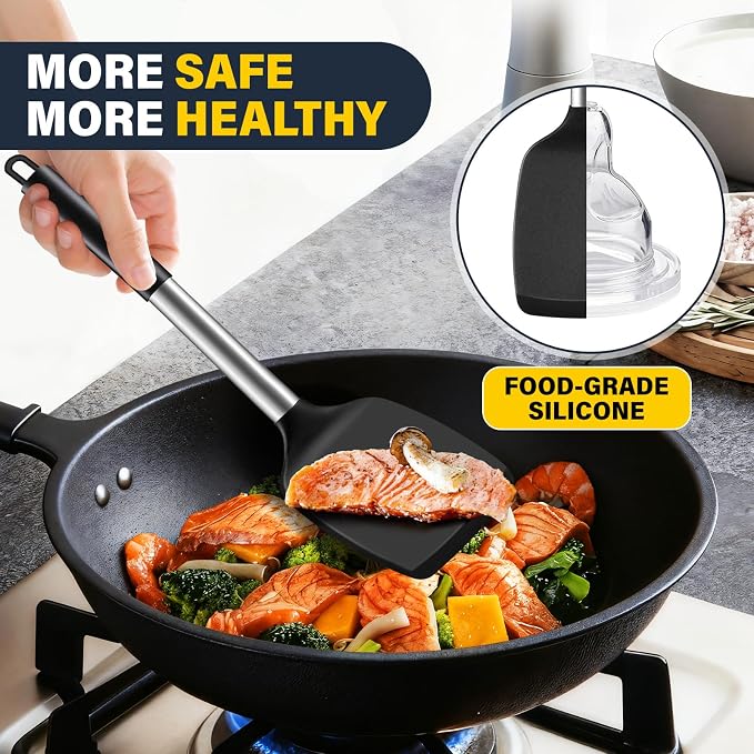 Silicone Spatula Set, Heat Resistant Solid & Slotted Turner for Non-Stick Pans, BPA-Free Silicone Cooking Utensils, Flexible Spatula for Flipping Eggs, Burgers, Pancakes, Fish, Black, 4 PCS-A