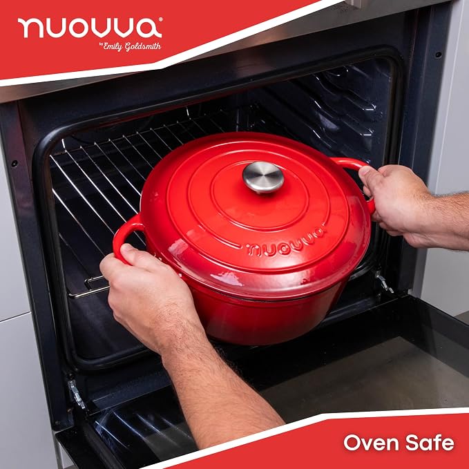 Cast Iron Dutch Oven with Lid - Non-Stick Ovenproof Enamelled Casserole Pot- Sturdy Dutch Oven Cookware - Red, 7.3- Quart, 30cm- by Nuovva