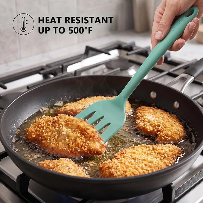 Coukre 3 Pack Silicone Spatula Set, Heat Resistant to 500°F, BPA-Free | Fish Spatula, Solid & Slotted Turners, Dishwasher Safe, Spatula Set for Eggs, Pancakes, Fish & Burgers, PureAquaGreen