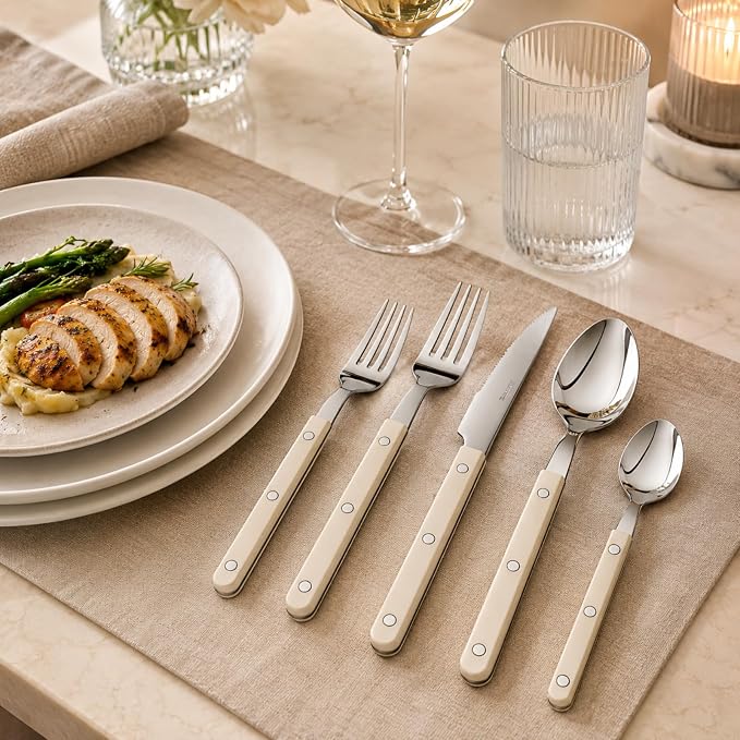 Khen Cutlery Set of 20, 18/8 Stainless Steel Flatware, Modern Silverware for Home, Kitchen, Dining & Table Setting for 4 – Stainless Steel, Dishwasher Safe, Lightweight & Ergonomic Design Gift - Cream