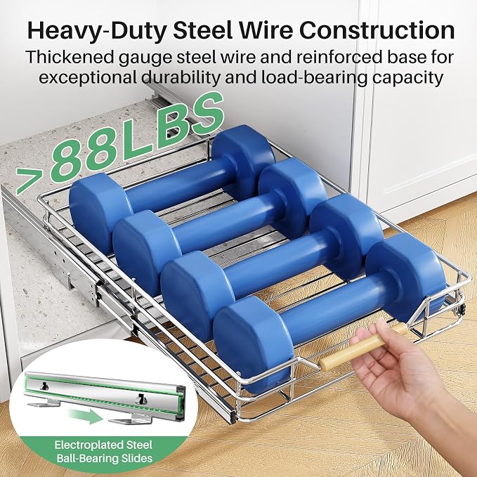 Pull out Cabinet Organizer, 15"W X 21"D, Heavy Duty Smooth Sliding Under Cabinet Shelves for Pots and Pans, Full-Extension Roll out Drawers, Slide out Organization for Home Kitchen Pantry