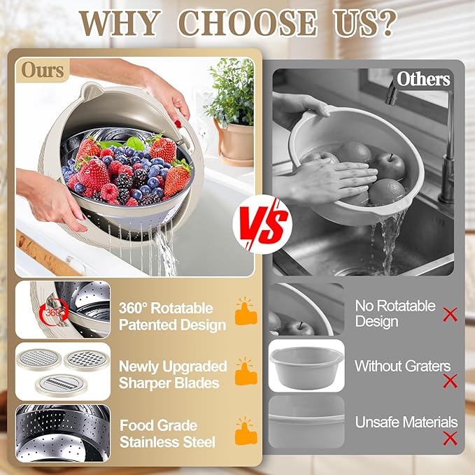 4-in-1 Colander with Bowl Set — Patented 360° Rotatable Strainer Bowl with 3 Graters, Snap-On Lid & Non-Slip Base, Funny Kitchen Present for Women, Aesthetic Pasta Fruit Vegetable Strainer (Beige)