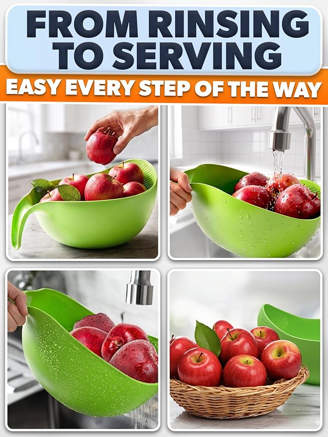 1.7L Rice Strainer with Handle, 9.4 In, Lightweight, ABS (Green) | Rice Washer Strainer Bowl; Drains Water Fast; Rinses Rice, Cereals, Pasta, and Veggies; Easy-Grip Handle; Dishwasher Safe