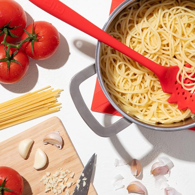 GIR: Get It Right Silicone Spoon, High Heat Resistant Kitchen Tool - Non toxic cooking utensils for Nonstick Cookware, Cooking, Strainer, and Serving, Spaghetti - 13 IN, Studio White