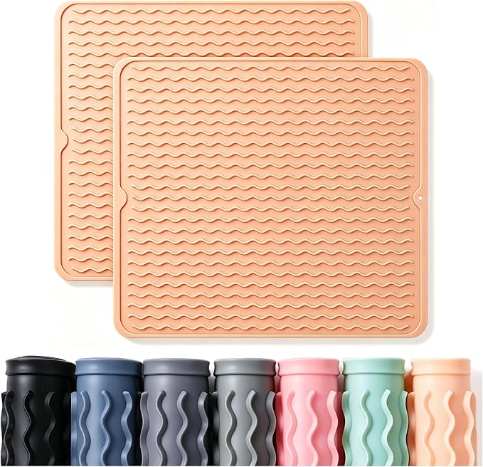 CAKETIME 2 Pack Silicone Dish Drying Mat for Kitchen Counter Waterproof Place mats Sink Protector Stove Top Organizer Cooking Appliance Trays Dryer Rack Drainers Items Extra Large 18"x16" Beige