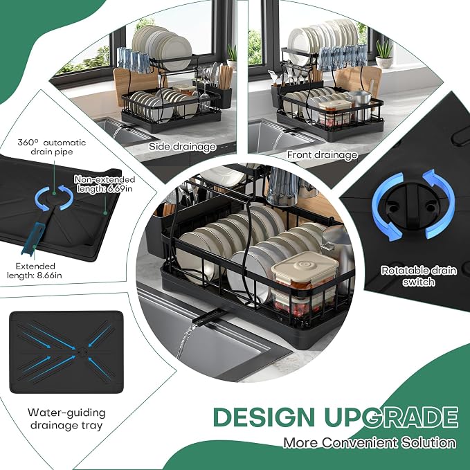 2 Tier Dish Rack, Carbon Steel Dish Drying Rack for Kitchen Organization & Storage, Countertop / Sink Dish Rack with Automatic Drain Tray, Large Capacity Black Dish Rack - Essential Home Kitchen Item