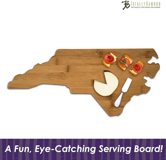 Totally Bamboo 20-7978NC North Carolina State Shaped Bamboo Serving and Cutting Board, Brown | State charcuterie board with natural bamboo grain. Knife-friendly surface for food prep. Hang tie for wall display.