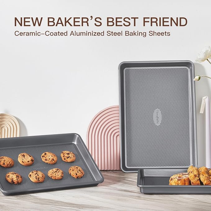 3 Pack Nonstick Ceramic Baking Sheet Pan Set for Oven, Non-Toxic Half/Quarter/Jelly Roll Pans with Diamond Texture, 0.8mm Aluminized Steel Cookie Trays for Cooking, Charcoal Gray