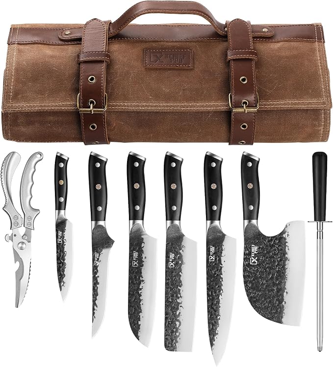 Chef Knife Set with Bag, Hand Forged High Carbon Steel BBQ Knives Set | Professional Japan Nakiri Santoku Knife Set with Accessories for Kitchen, Camping Meat Boning Carving Cleaver Butcher Knives