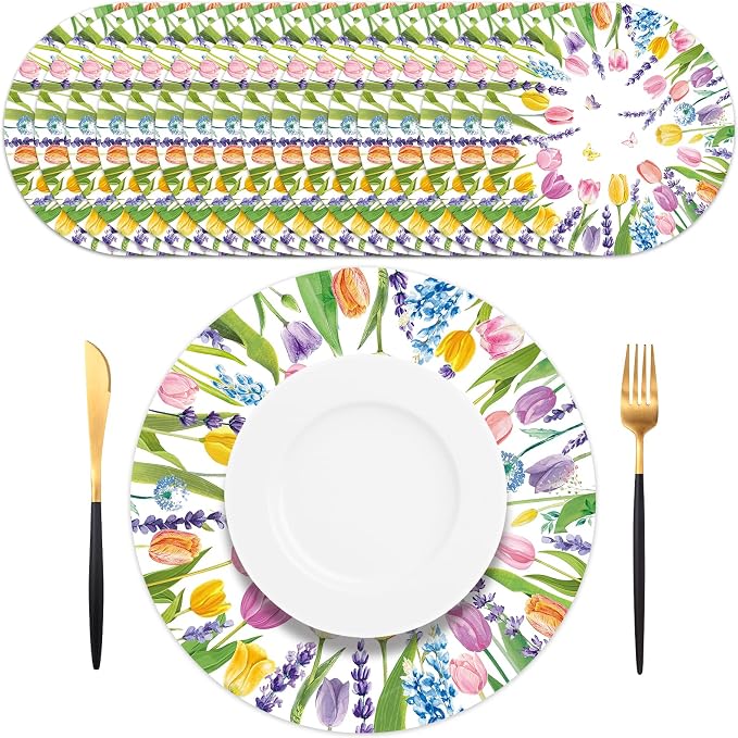 50PCS Summer Paper Placemats Floral Disposable Paper Placemats | Tulip & Lavender Round Table Mats for Birthday Wedding Baby Shower Party Decoration