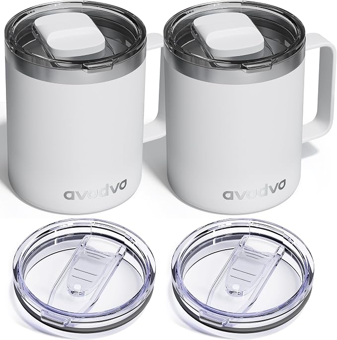 2 Pack 12oz Insulated Coffee Mug with Lids – Double Wall Stainless Steel Travel Cups with Handle, Keep Hot & Cold Drinks, Ideal Gift for Coffee Lovers, Home, Office & Camping, White