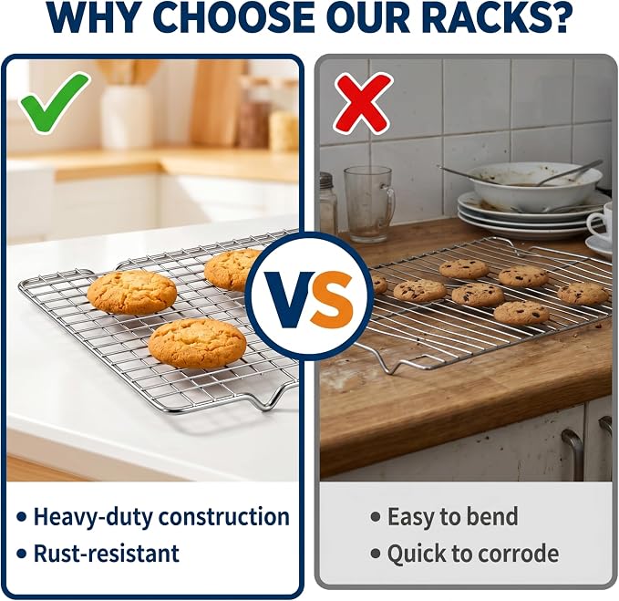 Cooling Rack Set of 2, 10" x 16" No Warp Heavy Duty Stainless Steel Baking Rack - Fits Jelly Roll Cookie Sheet Pan, Oven Safe 575°F, for Baking, Roasting & Dehydrating, Dishwasher Safe
