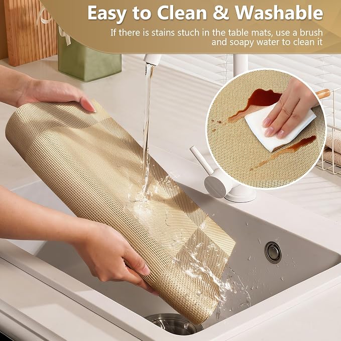 Placemats, Placemats Set of 6, Table Place Mats for Kitchen Dining, Heat-Resistant Anti-Skid Stain Washable PVC Table Mats, Easy to Cleaning Woven Vinyl Dinner Mats (Gold)