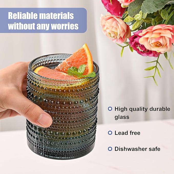 ZMOWIPDL 12oz & 15oz Hobnail Drinking Glasses,Colored Glass Cups Set of 8 | Vintage Highball Glassware，Kitchen Drinkware，Embossed Water Tumbler,for Beer,Cocktail,Whiskey,Juice,Various Mixed Drinks