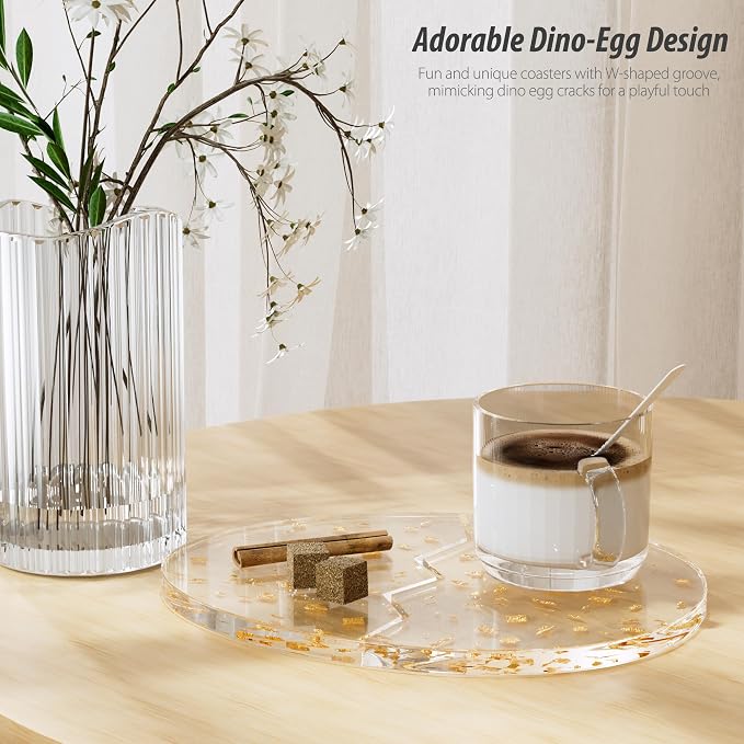 Acrylic Coaster Decorative Plates,2Pcs/Set Office Desk Accessories, Clear Dinosaur Egg Shape Coffee Cup Decor, Perfect for Tabletop Protection and Display.（Gold）