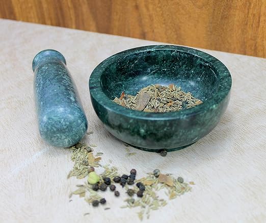 KLEO 4” Natural Stone Mortar and Pestle Set – Heavy Duty Spice & Herb Grinder, Guacamole Masher,Non-Porous, Odor Resistant – Garlic Crusher, Seed Grinder, Kitchen Tools(Green Shallow)
