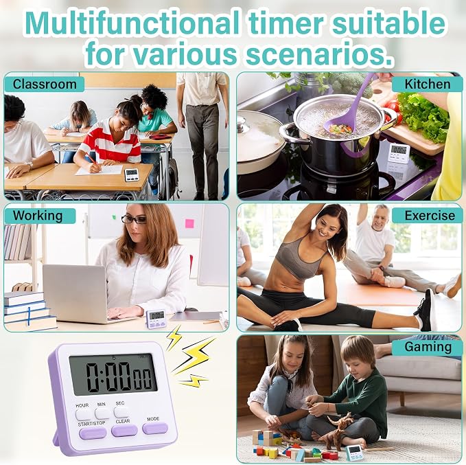 Leumoi 6 Pcs Digital Kitchen Timer 24 Hour Clock and Alarm Function Timer On/Off Switch Minute Second Count up Countdown Loud Alarm for Exercise Cook Baking