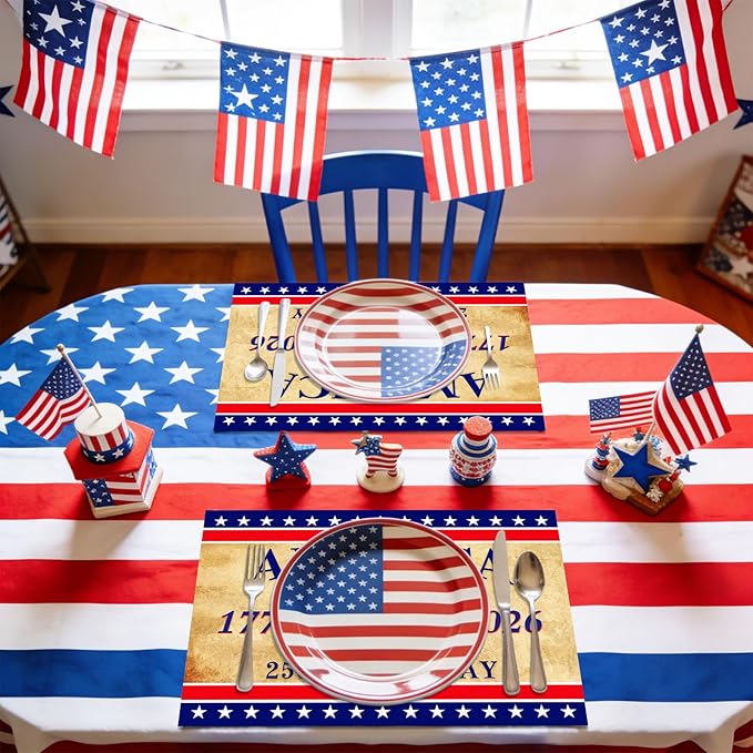 50Pcs Patriotic Paper Placemats Disposable 11x16 Inch Vintage Table Mats | American Flag Red White Blue Star Striped, 4th of July Memorial Day America 250th Birthday Party Decor